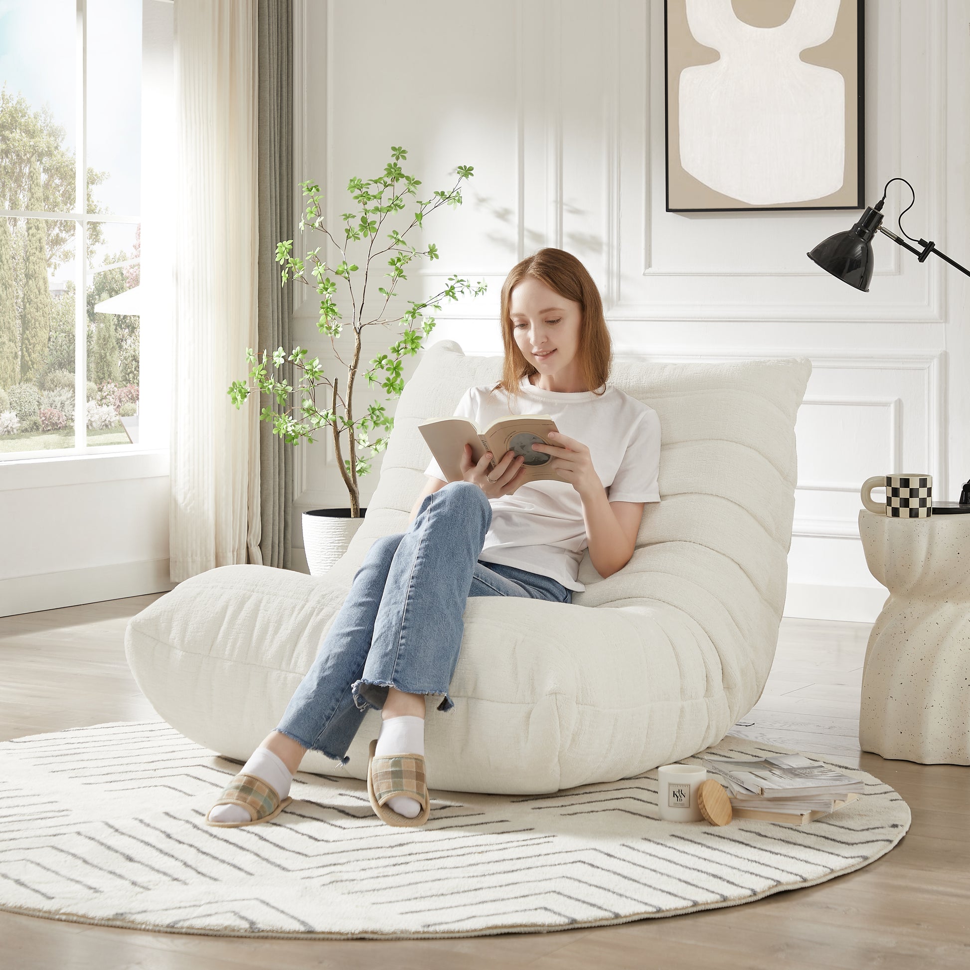 Fireside Chair, Lazy Floor Sofa, Accent Bean Bag Couches, Modern Armless Lounge Chair For Living Room, Apartment, Bedroom, Salon Office Chenille, White White Chenille