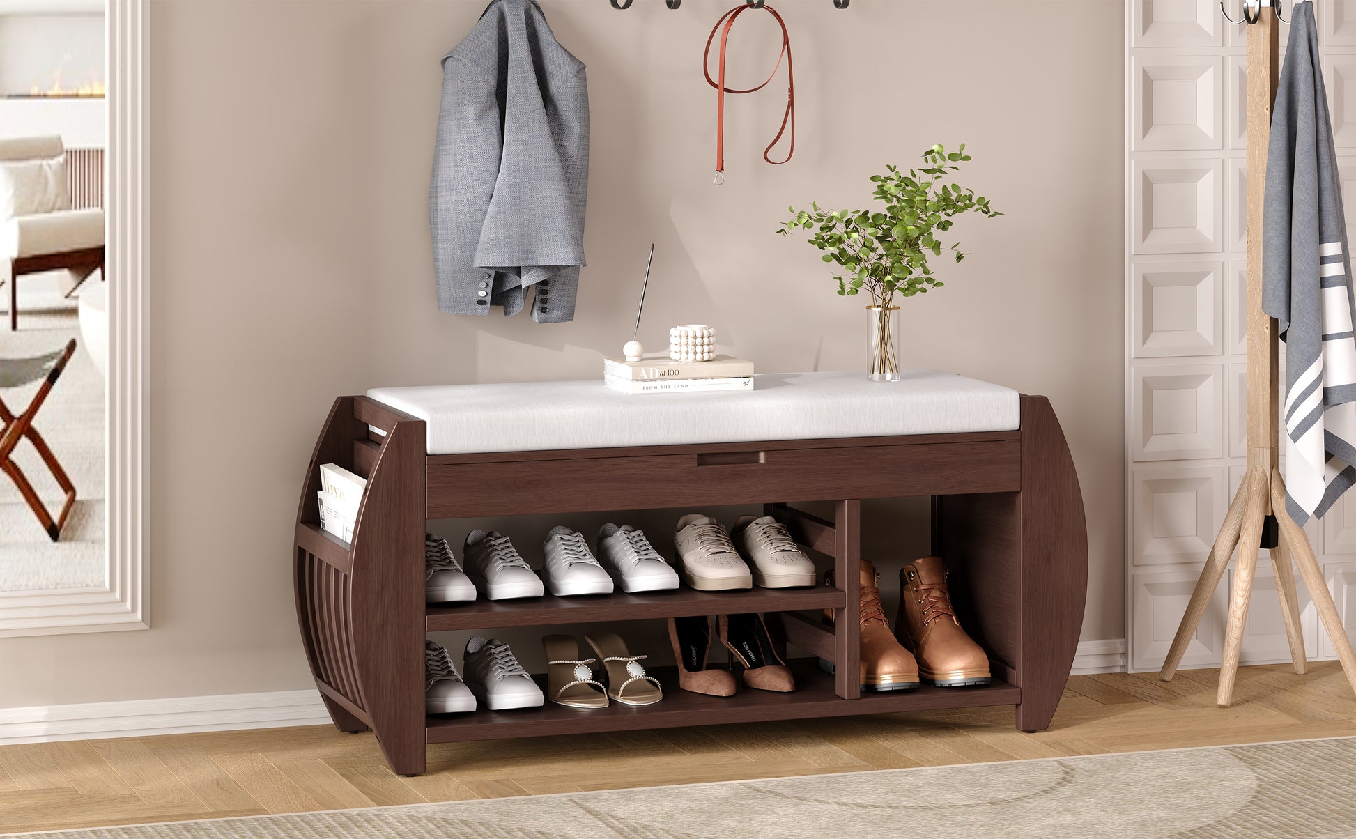 Retro Multifunctional Storage Bench With Cushion And Curved Side Panel For Entrance And Living Room Espresso Espresso Mdf