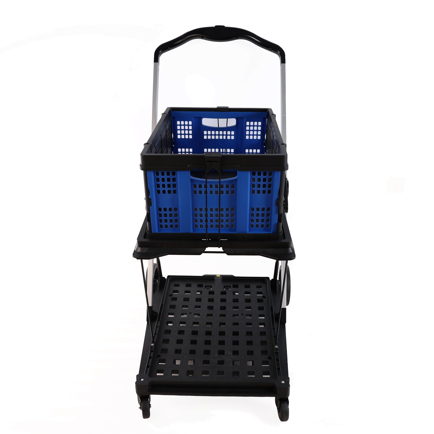 Folding Service Cart With Wheels Double Decker, Shopping, Library, Office Warehouse Moving Carts Black Blue Plastic