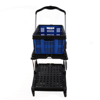 Folding Service Cart With Wheels Double Decker, Shopping, Library, Office Warehouse Moving Carts Black Blue Plastic
