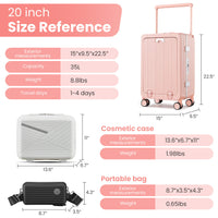 Aluminum Frame 20 Inch With Front Open Carry On Luggage, Pc Hard Shell Suitcase, Bounce Wide Handle Pull Rod Luggage With 360 Double Wheels, Built In Tsa Lock, Airline Approved Suitcase For Business Pink Pc