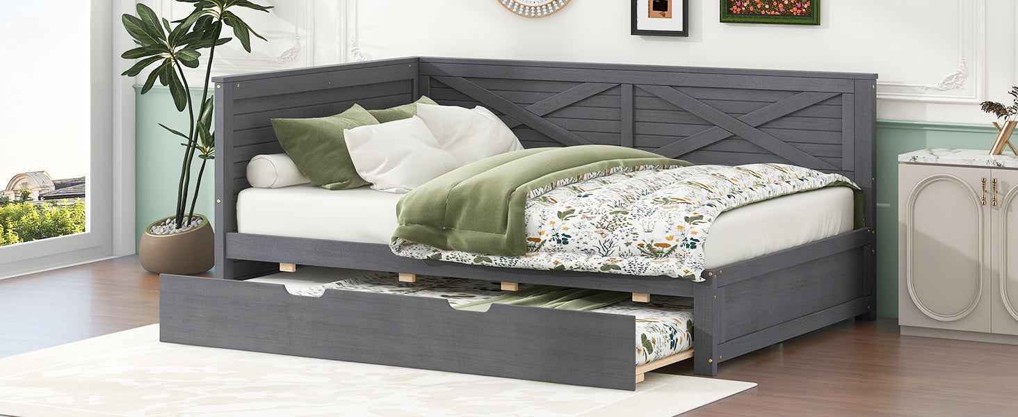 Twin Size Wood Daybed With Trundle And Rustic Guardrail, Ancient Grey Box Spring Not Required Twin Grey Wood Bedroom Solid Wood Mdf