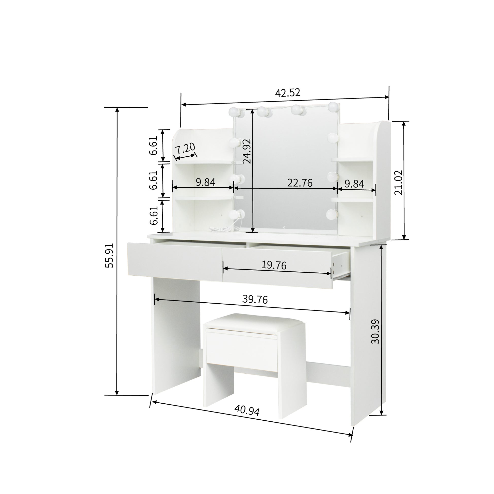 Modern Dressing Table With 2 Drawers, 4 Open Shelves Rectangular Makeup Table With Mirror, 10 Lamp Bulb,42.52*15.75* 52.76Inch,For Bedroom White Particle Board Mdf