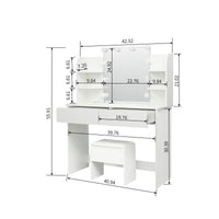 Modern Dressing Table With 2 Drawers, 4 Open Shelves Rectangular Makeup Table With Mirror, 10 Lamp Bulb,42.52*15.75* 52.76Inch,For Bedroom White Particle Board Mdf
