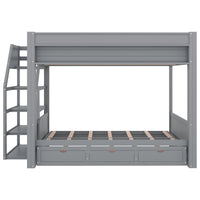 Wood Full Size Convertible Bunk Bed With Storage Staircase, Bedside Table, And 3 Drawers, Gray Gray Solid Wood Mdf