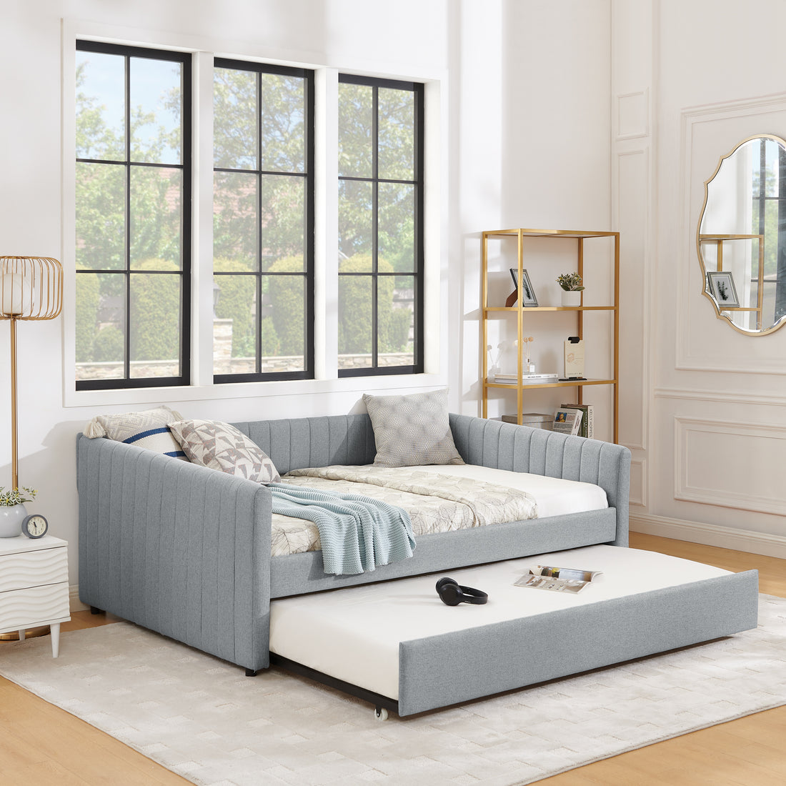 Full Size Daybed With Trundle Upholstered Sofa Bed, With Vertical Stripes, Linen Fabric, Grey 82.5"X58"X30" Grey Linen