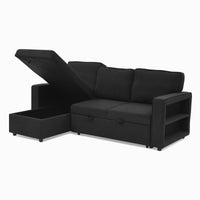 Linen Upholstered Sleeper Sectional Sofa, Shaped Modular Convertible Sofa With Storage Chaise,There Are Two Cup Holders In The Middle And Usb Multi Interface Function,Pull Out Sleep Couch Bed ,Black