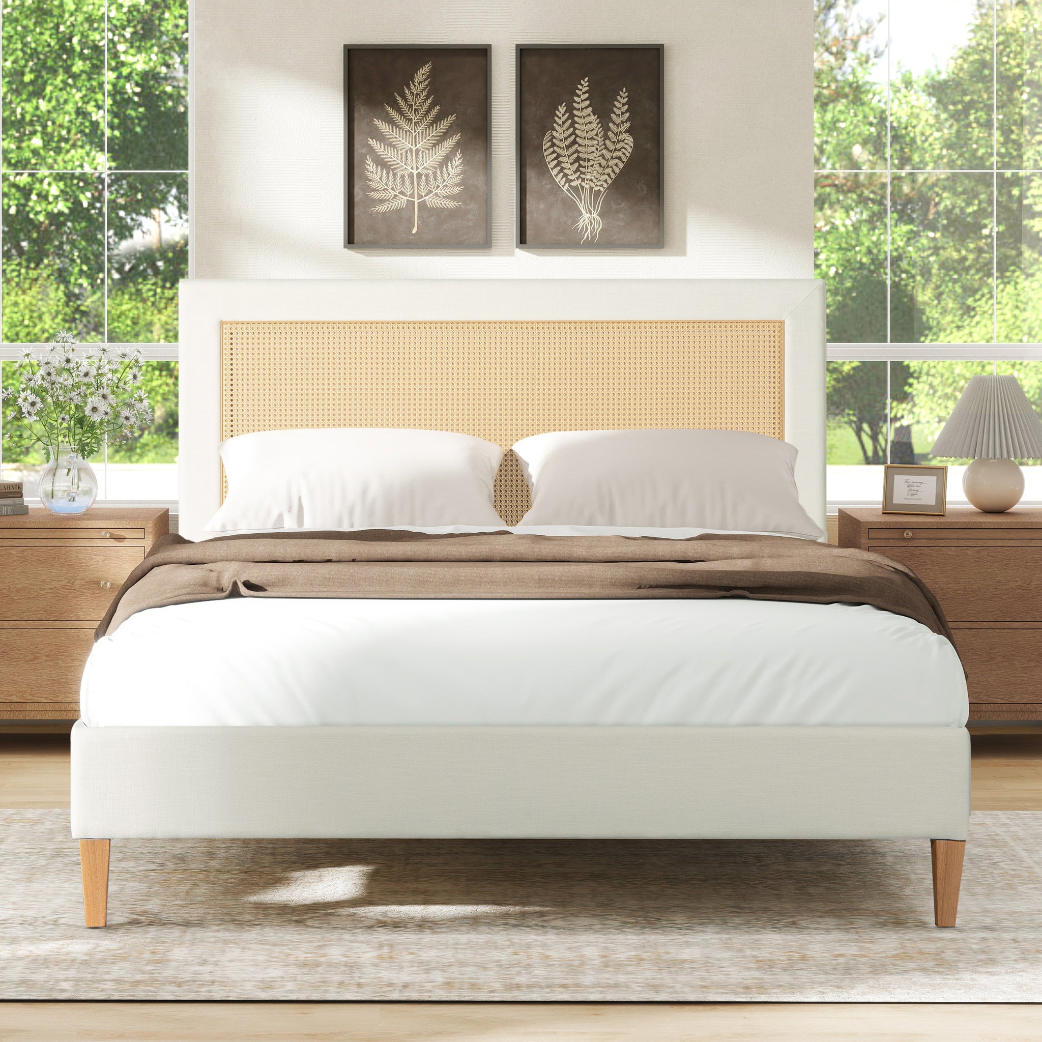 Haley Upholstered Cane Back Platform Bed, Queen, Antique White Polyester Box Spring Not Required Queen Antique White Wood Foam Polyester Polyester