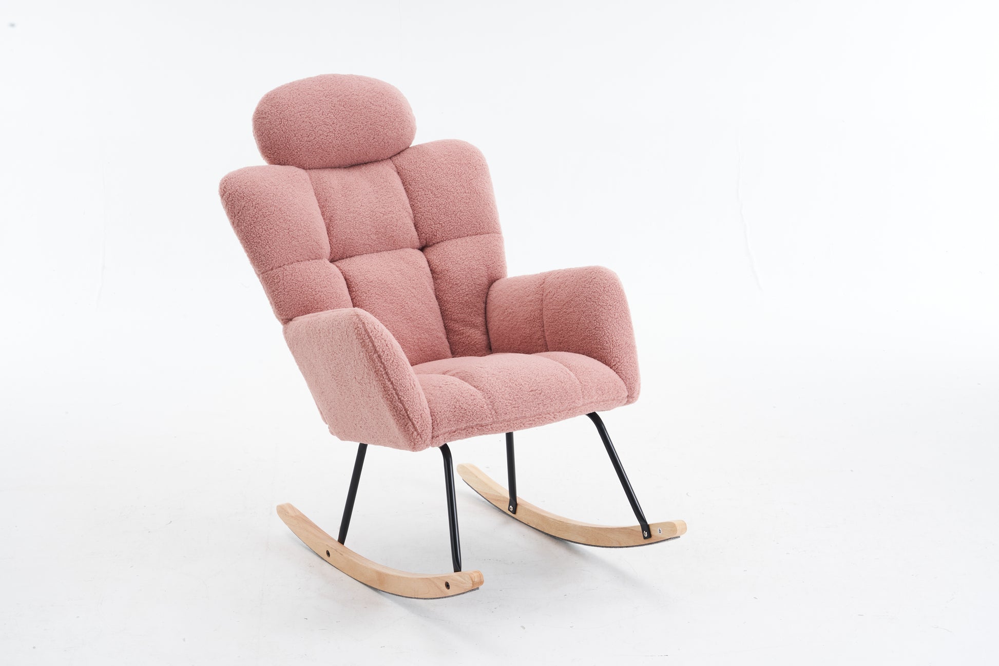 055 Teddy Fabric Upholstered Nursery Rocking Glider Chair Mid Century Modern Accent Arm Chair Padded Seat With High Backrest And Pillows For Living Room Bedroom Offices Pink Teddy Headrest Solid