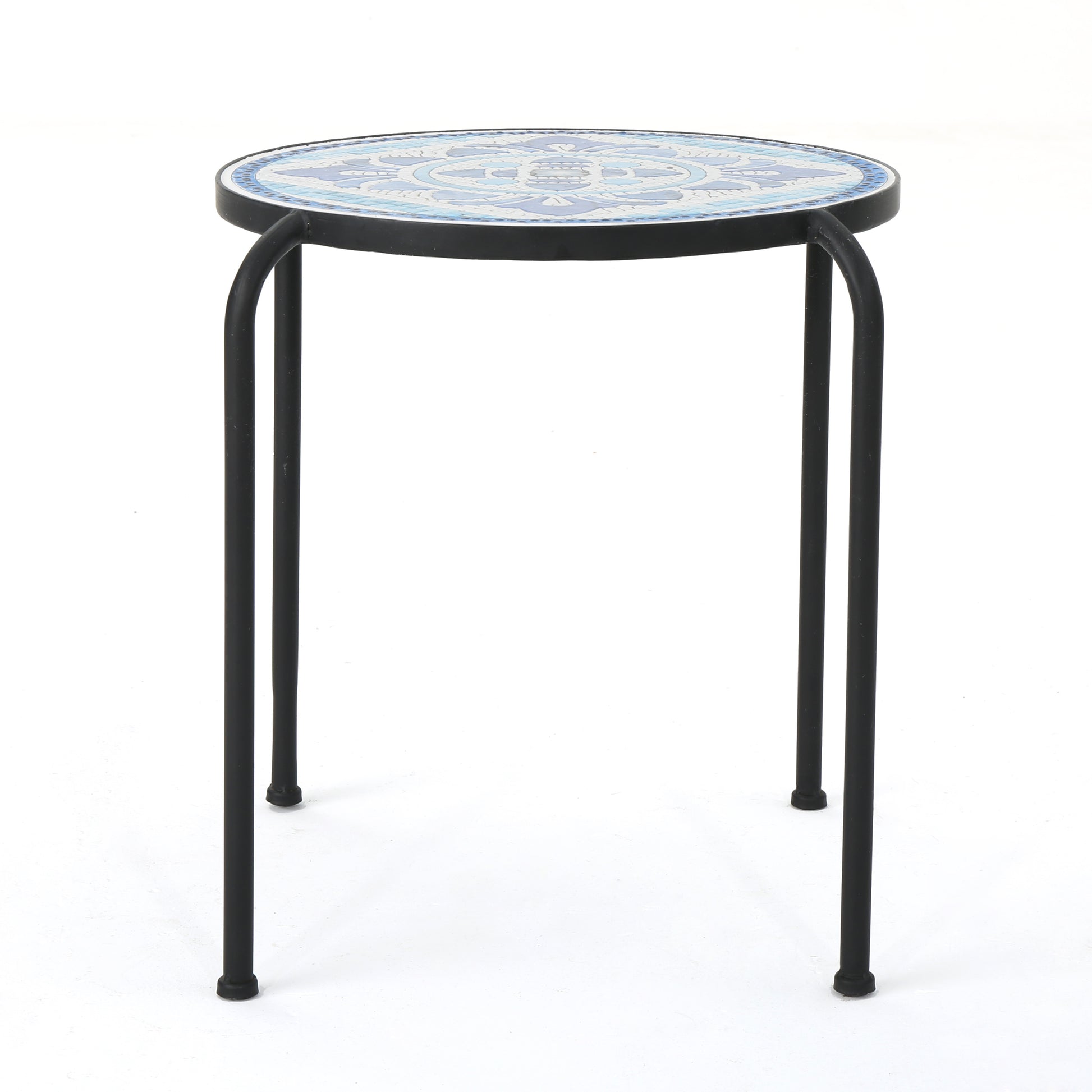 Skye End Table White Blue Ceramic Tile Iron