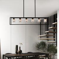 6 Light Farmhouse Chandelier, Modern Industrial Linear Rectangular Crystal Pendant Light Cage Chandelier For Dining Room,Kitchen Island, Bar, Long Table,G9*6 Bulbs Included Matte Black American