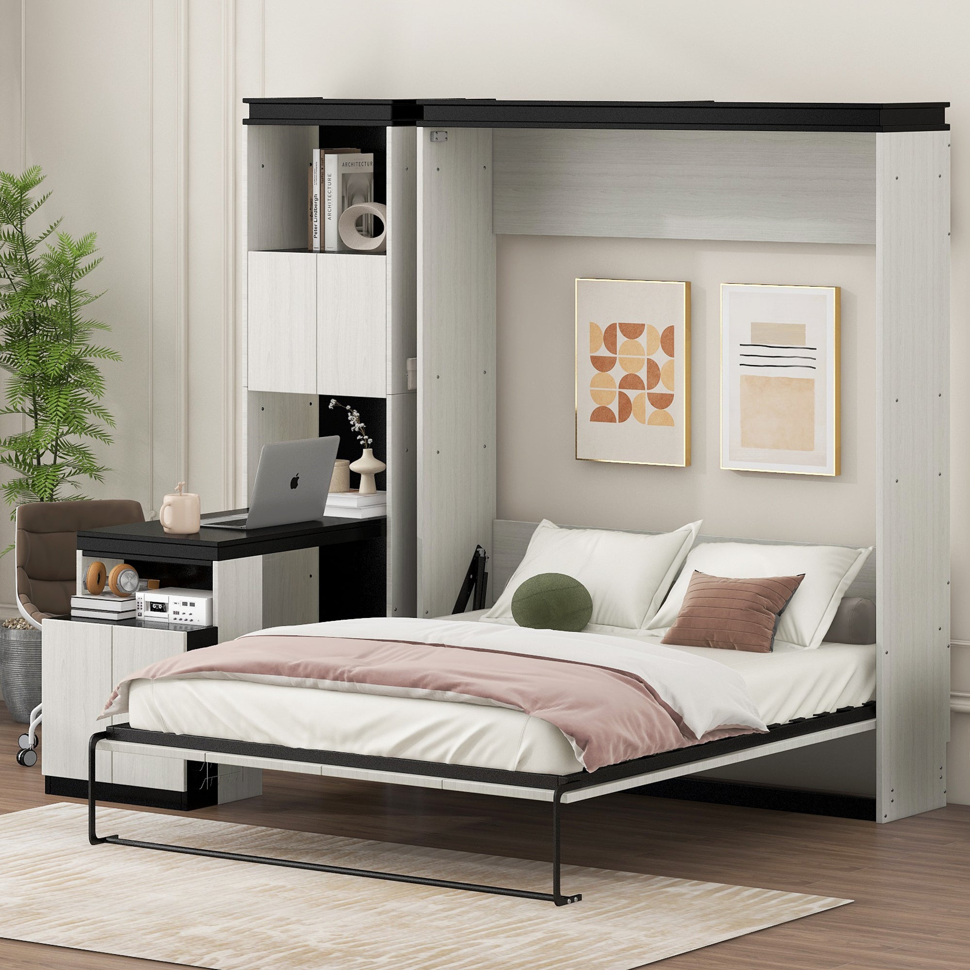 Full Size Murphy Bed With Desk And Storage Shelves And Cabinets, Black White Box Spring Not Required Full Black White Solid Wood Mdf