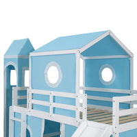 Twin Size Loft Bed With Slide Pink Tent And Tower Blue Old Sku:Wf298769Aac Twin Blue Solid Wood