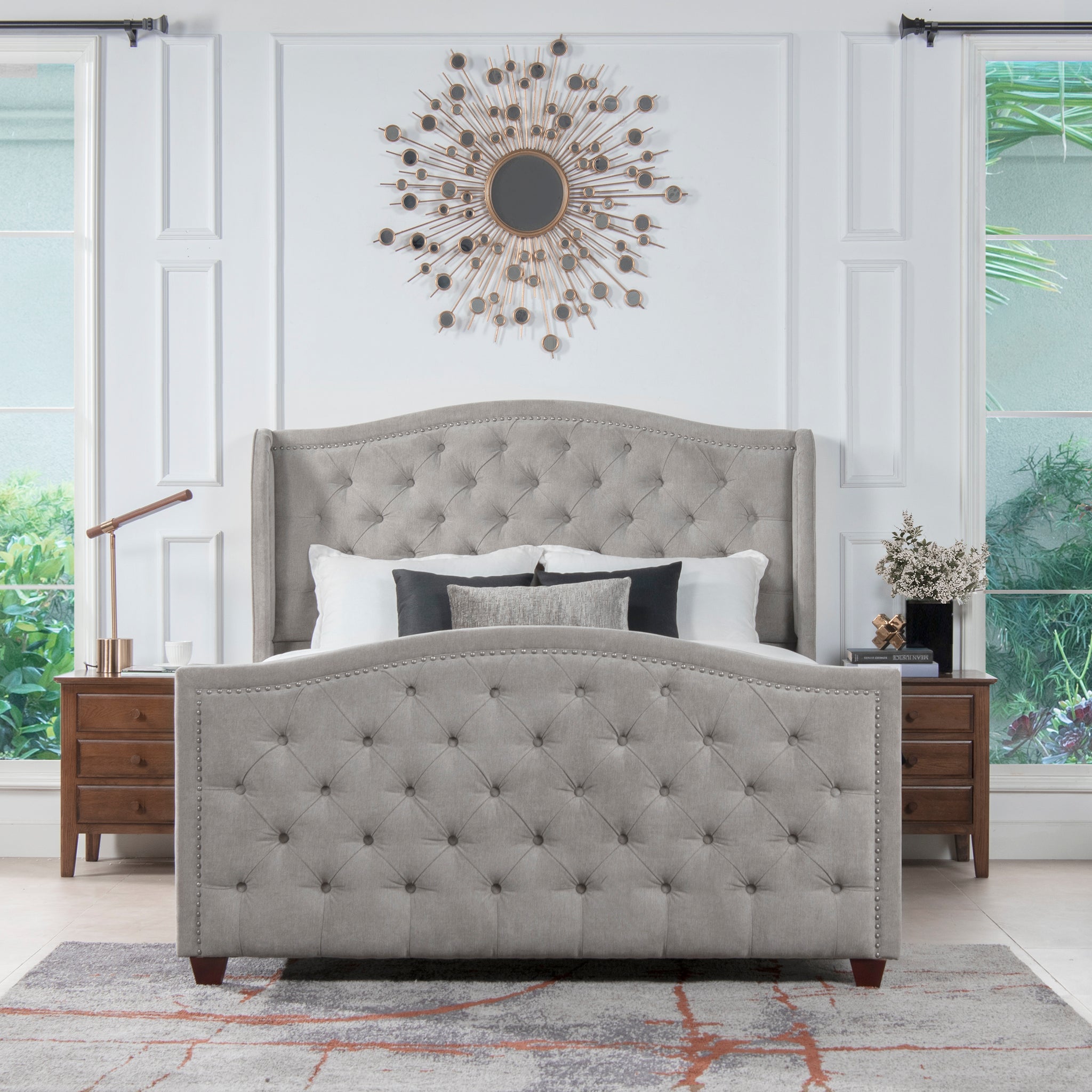 Marcella Upholstered Shelter Headboard Bed Set, Queen, Silver Grey Polyester Box Spring Required Queen Silver Grey Wood Foam Polyester Polyester