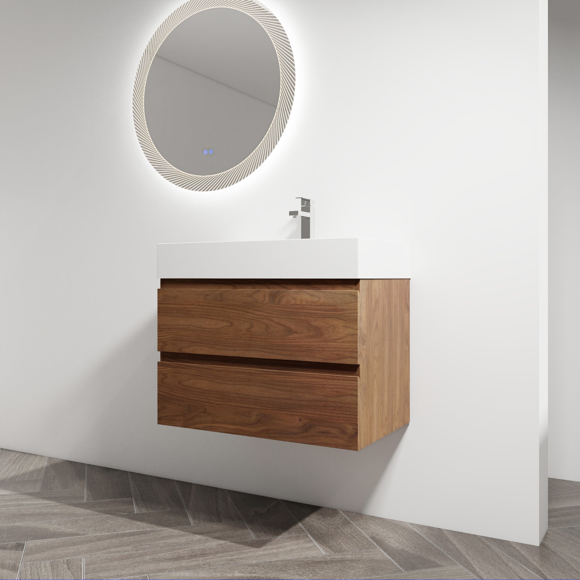 30" Wall Mounted Bathroom Vanity With Resin Sink, 2 Soft Close Drawers, Kd Package 2 Brown Oak Bathroom Wall Mounted Modern Plywood