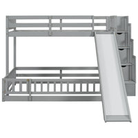 Twin Over Full Bunk Bed With Slide, Storage Staircase, Pine Solid Wooden Bunk Bed With Safety Guardrails ,Grey Grey Pine