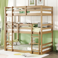 Triple Rubber Wood Bunk Bed With Two Built In Ladders, Guardrails, Twin Over Twin Over Twin, Detachable Triple Twin Bunk Bed,White Oak Twin White Oak Bedroom American Design Bed Frame Rubber Wood