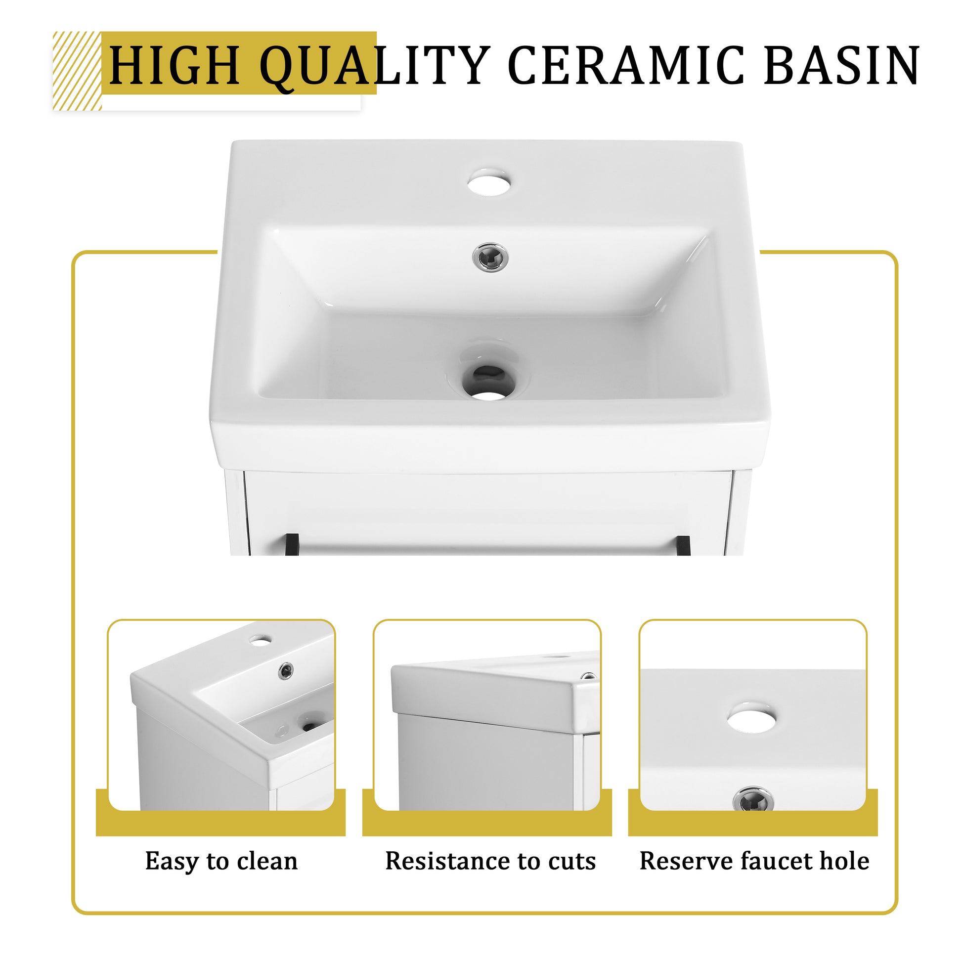 18'' Floating Wall Mounted Bathroom Vanity With Ceramic Sink & Soft Close Cabinet Door, For Small Bathroom Glossy White Bathroom Modern Plywood