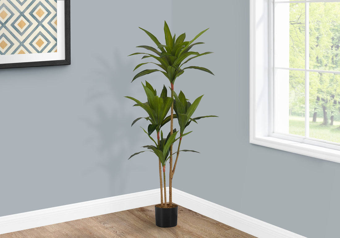 Artificial Plant, 51" Tall, Dracaena Tree, Indoor, Faux, Fake, Floor, Greenery, Potted, Real Touch, Decorative, Green Leaves, Black Pot Green Plastic