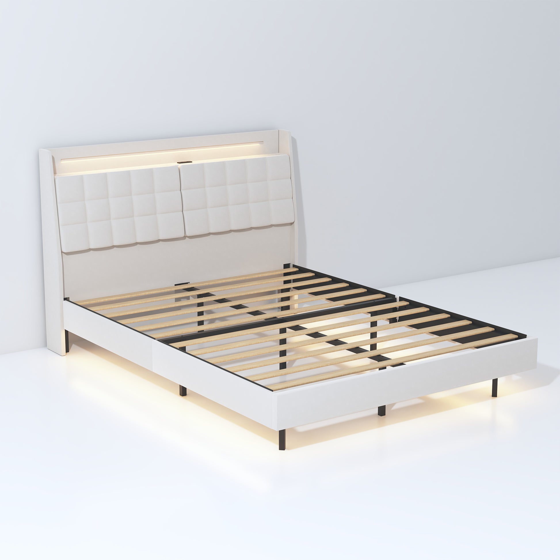 King Floating Bed Frame With Led Light And Charging Station Upholstered Platform Bed Frame King Size With Headboard And Hidden Storage Space, No Box Spring Needed, Beige Box Spring Not Required King