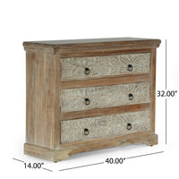 Acacia Wood 3 Drawer Dresser, 40 Inches Wide Accent Storage Cabinet White Natural Wood