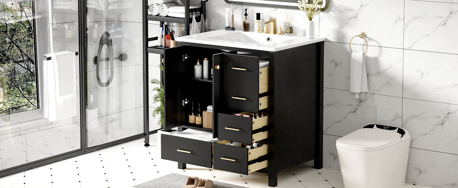 30'' Bathroom Vanity With Resin Sink Combo, Solid Wood Frame Bathroom Storage Cabinet, Freestanding Vanity Set With 4 Drawers& Soft Closing Doors, Black Black Bathroom Modern Solid Wood Mdf Resin