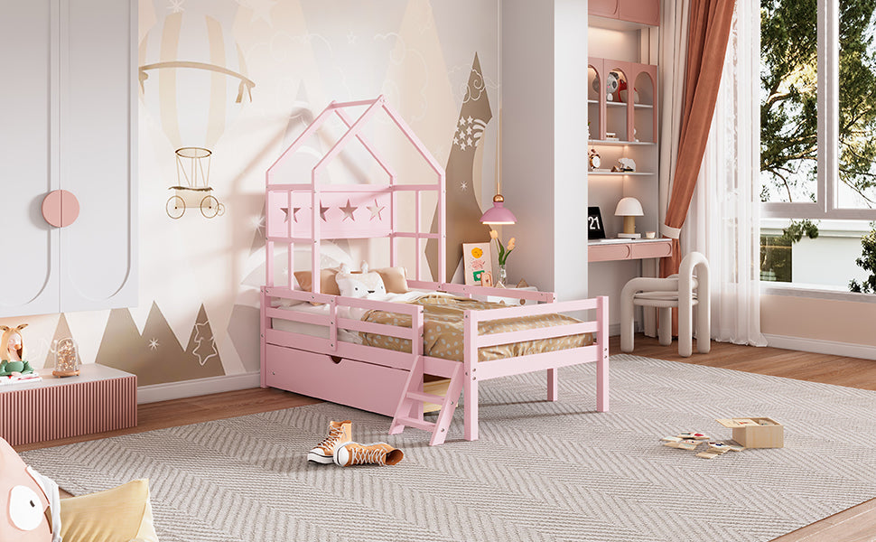 Wood Twin Size House Platform Bed With Guardrail And Drawer, Pink Box Spring Not Required Twin Pink Wood Bedroom Bed Frame Solid Wood Mdf