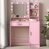 Vanity Desk With Mirror & Light, Large Drawer Three Level Storage Dresser, 3 Lighting Modes Adjustable Brightness, Bedroom Dressing Table Pink Pink Particle Board