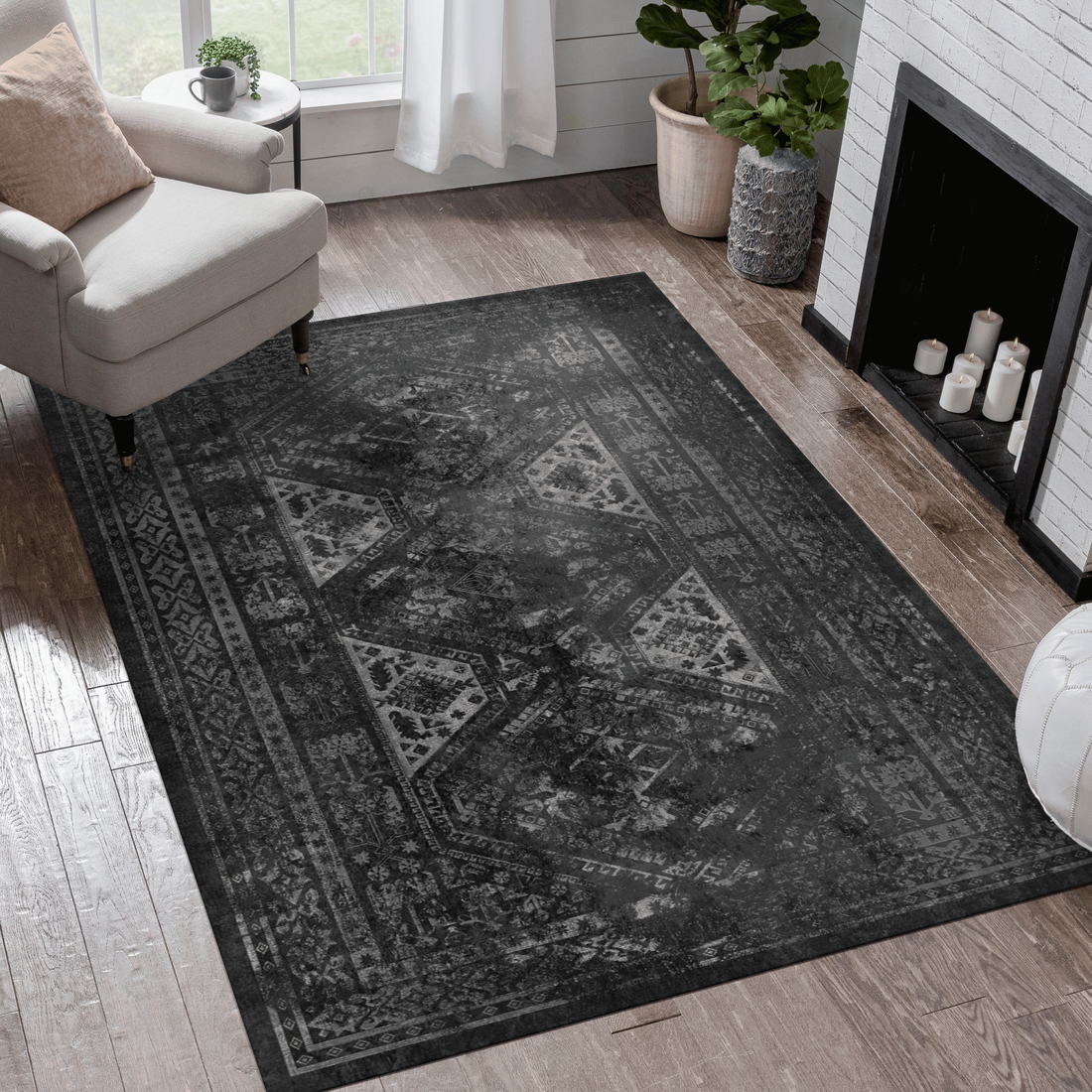 3X5 Area Rugs, Washable Rug, Low Pile, Non Slip, Non Shedding, Foldable, Kid & Pet Friendly Area Rugs For Living Room, Bedroom, Kitchen, Dining Room Rug Perfect Gifts, Black Gray, 3' X 5' Black Gray Chenille Polyester