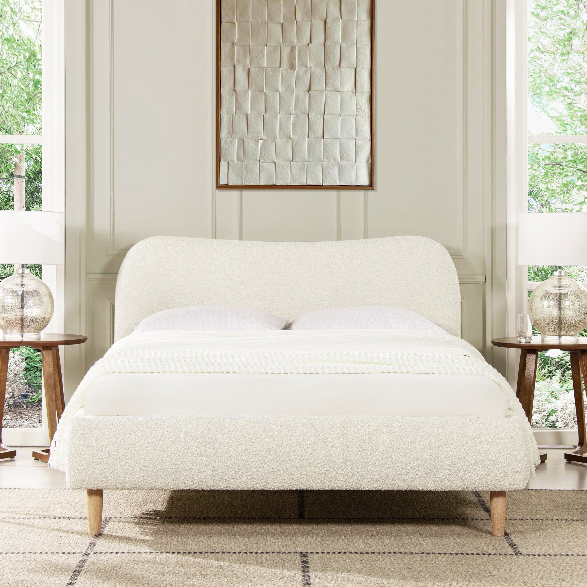 Roman Curved Headboard Upholstered Platform Bed, Queen, Ivory White Boucle Box Spring Not Required Queen White Wood Foam Boucle Boucle