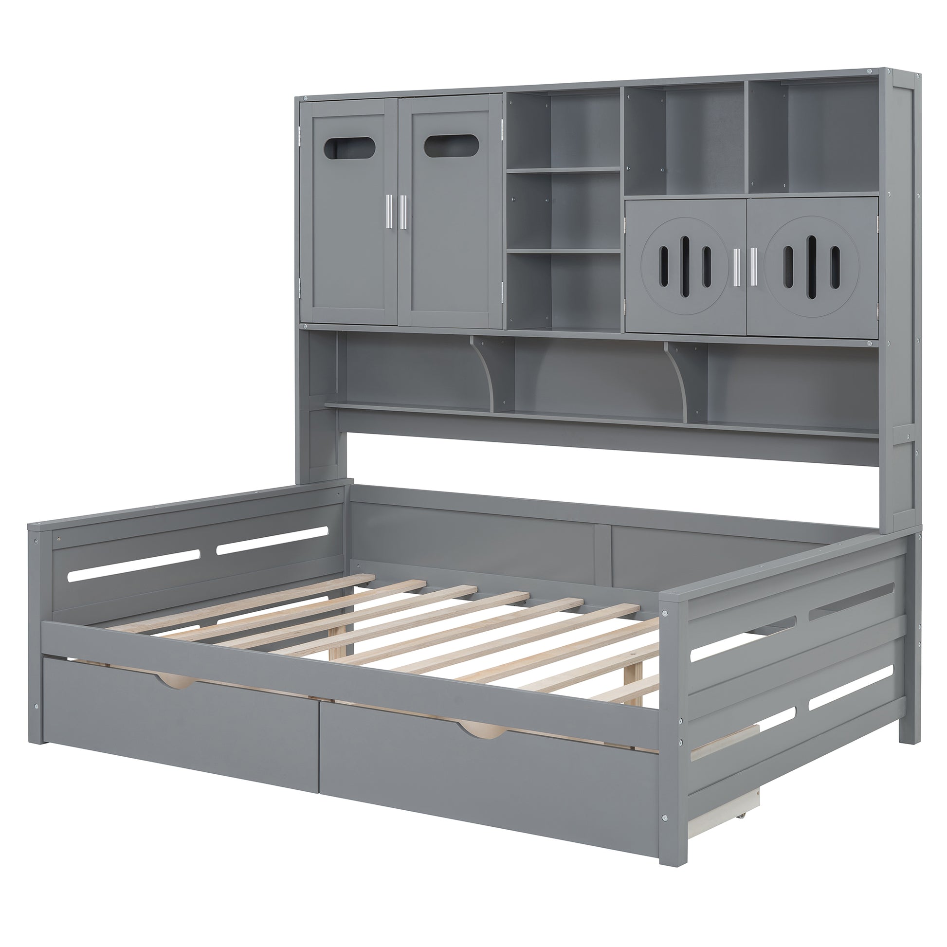 Full Size Wooden Daybed With 2 Drawers, And All In One Cabinet And Shelf, Gray Full Gray Wood