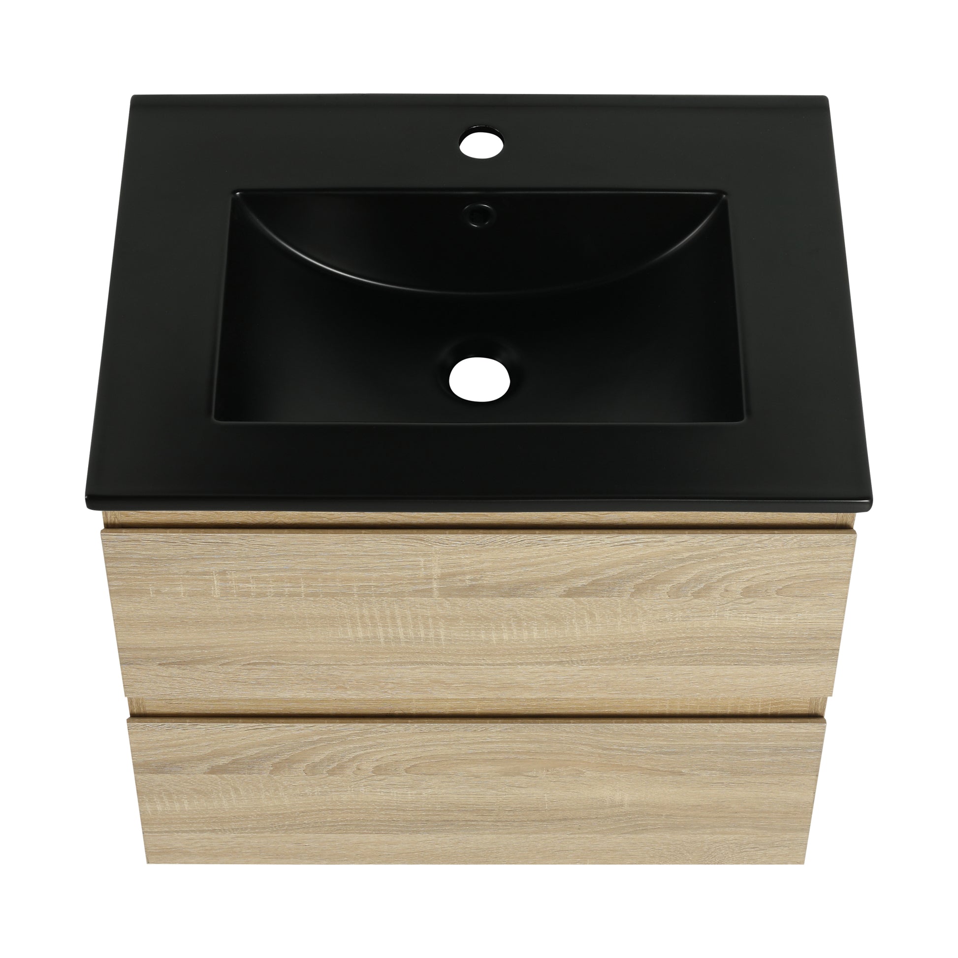 24" Wall Mounted Bathroom Vanity With Black Ceramic Sink, 2 Soft Close Drawers, Kd Package 2 Light Oak Bathroom Wall Mounted Modern Plywood