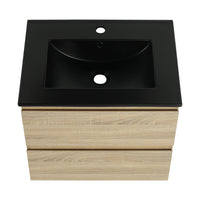 24" Wall Mounted Bathroom Vanity With Black Ceramic Sink, 2 Soft Close Drawers, Kd Package 2 Light Oak Bathroom Wall Mounted Modern Plywood