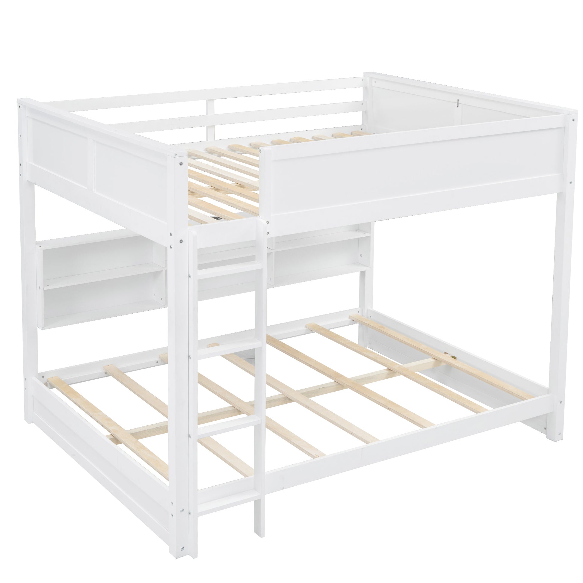 Queen Over Queen Bunk Bed With Storage Cabinets And Usb Ports, White White Solid Wood Mdf