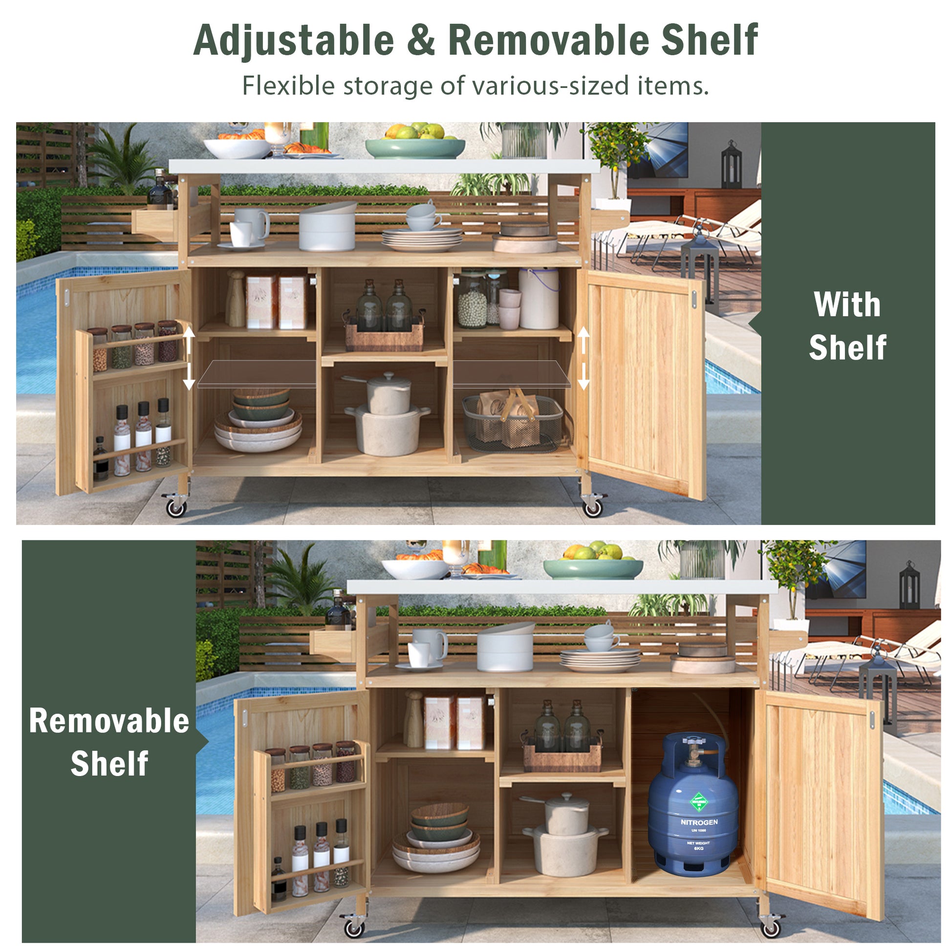 K&K Outdoor Kitchen Island, Rolling Bar Cart & Storage Cabinet, Farmhouse Solid Wood Outdoor Grill Table With Stainless Steel Top, Spice Racktowel Rack For Kitchen & Bbqnatural Natural Garden & Outdoor Classic,Farmhouse,French Country,Luxury,Modern Wood