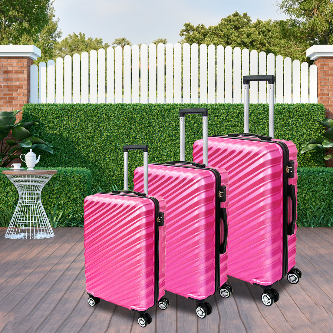 3 Piece Hard Shell Luggage Set With Tsa Lock Spinner Wheel Abs Lightweights Checked Convenient Stackable Suitcase Woman Men 20 24 28 Rose Red Abs