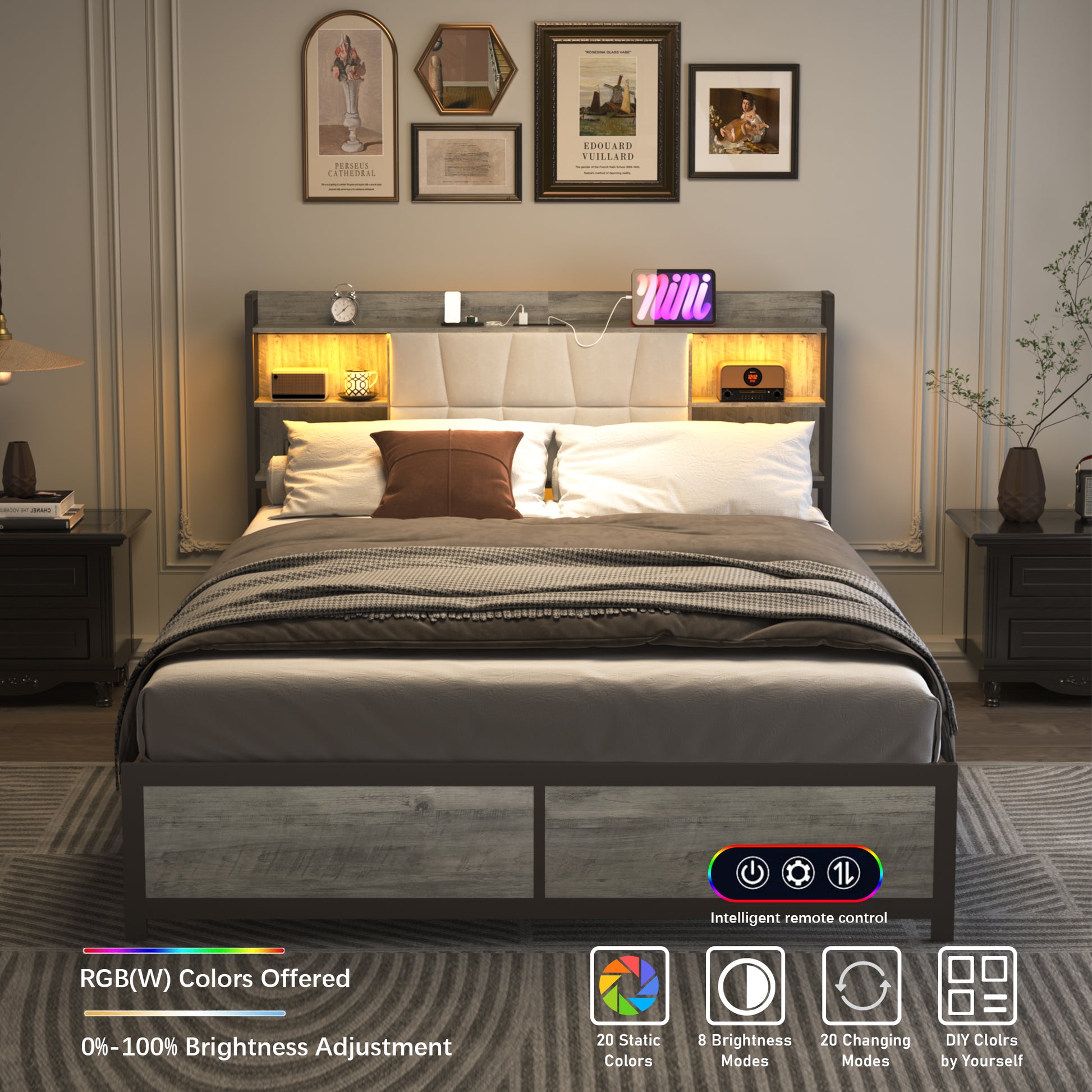 Queen Size Bed Frame With Led Light & Power Outlet, Platform Bed With Upholstered Headboard And Storage, Sturdy Metal Slats Support, No Box Spring Needed, Easy Assembly, Noise Free Box Spring Not Required Queen Ancient Oak Metal Bedroom Modern Bed Frame