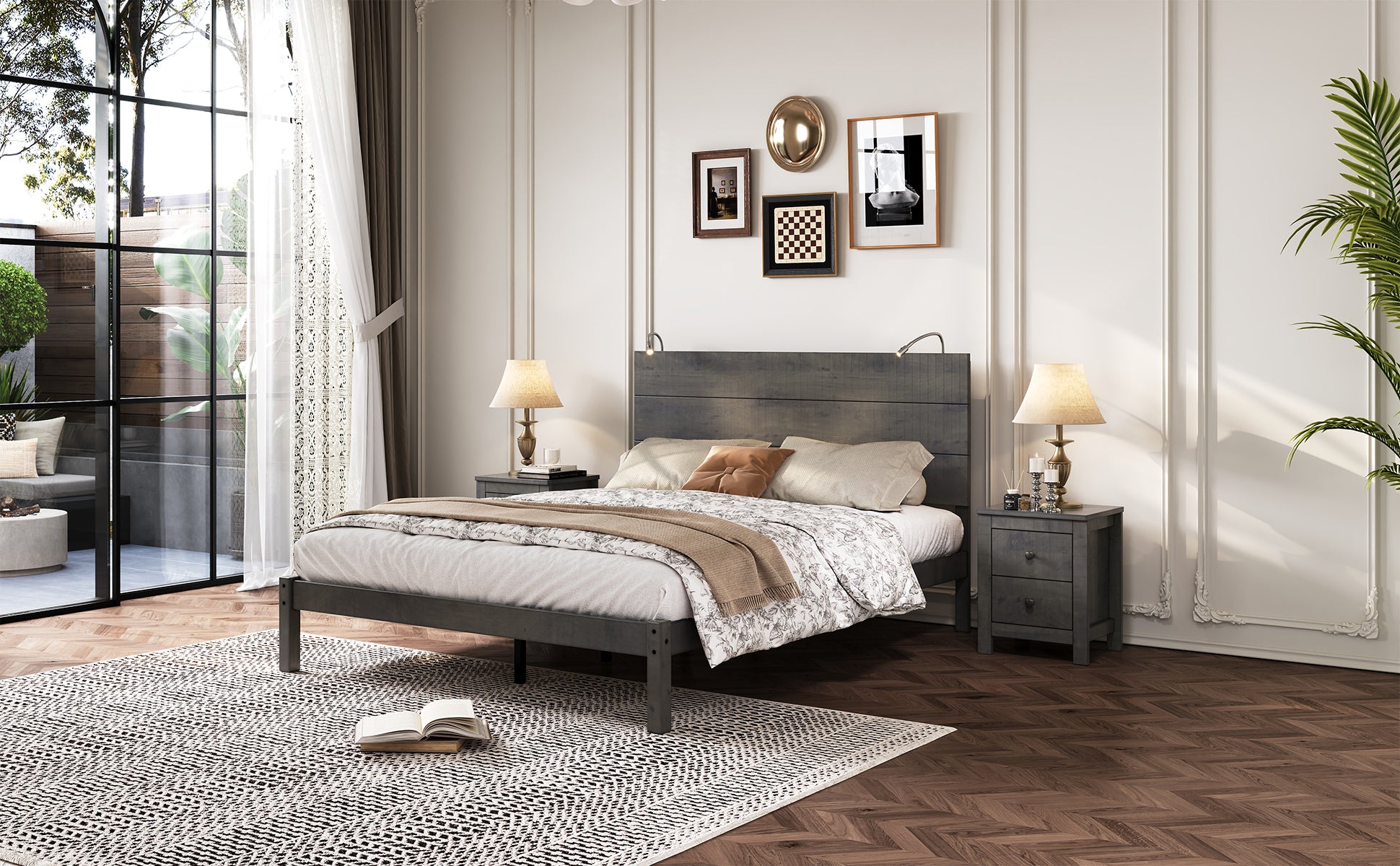 Farmhouse Wooden Platform Queen Size Bed, Modern Platform Bed With Two Bedside Lights, Antique Gray Queen Antique Gray Wood