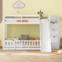 Twin Over Full Bunk Bed With Slide, Storage Staircase, Pine Solid Wooden Bunk Bed With Safety Guardrails,White White Pine