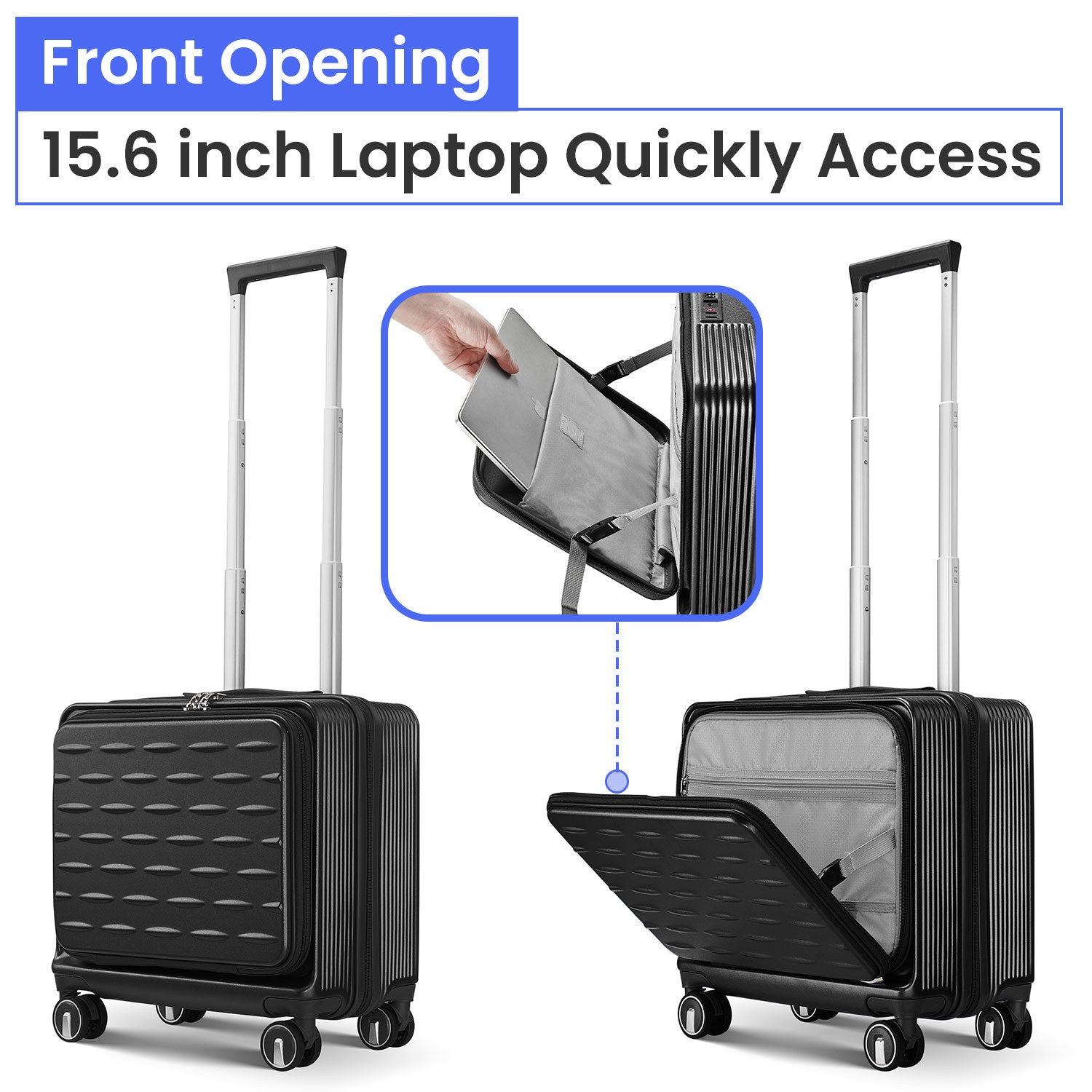 18" Carry On Luggage With Front Open Door &Laptop Interlayer, Hard Shell Suitcase Built In Tsa Luggage Lock, Hardside Lightweight Pc Travel Suitcase For Women Men With Spinner Wheels Airline Approved Black Pc