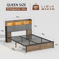 Bed Frame Queen Size With Storage Headboard And 2 Drawers, Upholstered Platform Bed With Charging Station And Led Light, Heavy Duty Frame Support, No Box Spring Needed, Noise Free, Dark Brown Box