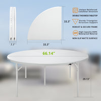 Round Plastic Folding Table With Carrying Handle, 66" Heavy Duty Foldable Round Table Indoor Outdoor, 5 Legs Portable Dining Round Table For Parties, Banquets And Events, White White Metal