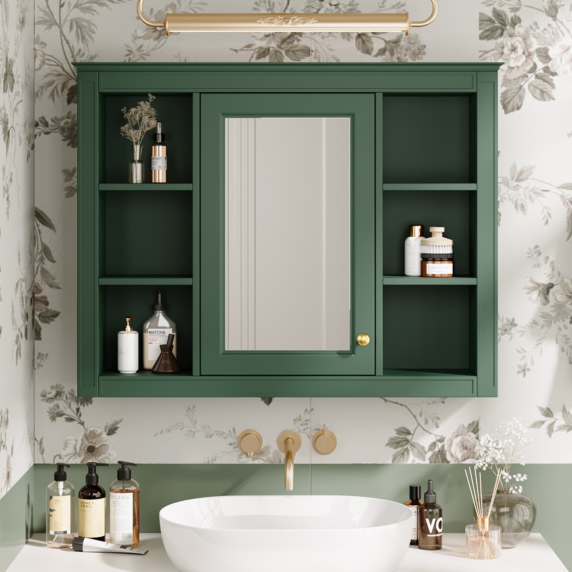 35'' X 27.5'' Medicine Cabinet, Wall Mounted Bathroom Storage Cabinet, Modern Bathroom Wall Cabinet With Mirror, Mirror Cabinet With 6 Open Shelves Not Include Bathroom Vanity Green 1 Bathroom Wall Mounted Modern Mdf Painted