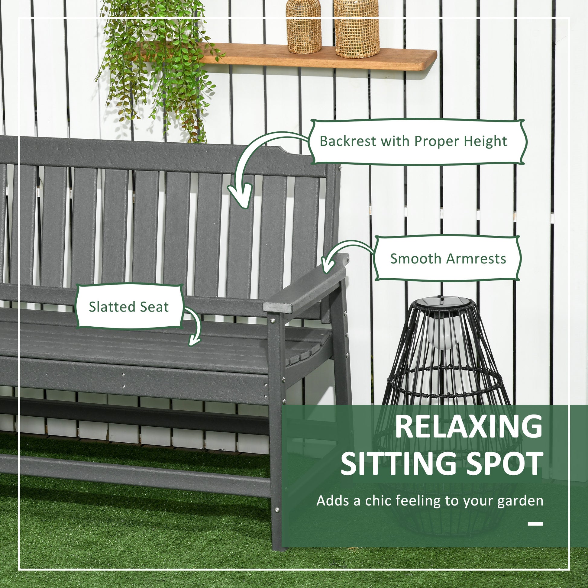 Outsunny Outdoor Bench, 2 Person Park Style Garden Bench With All Weather Hdpe, 704 Lbs. Weight Capacity Porch Bench With Slatted Back & Armrests, Dark Gray Dark Gray Plastic