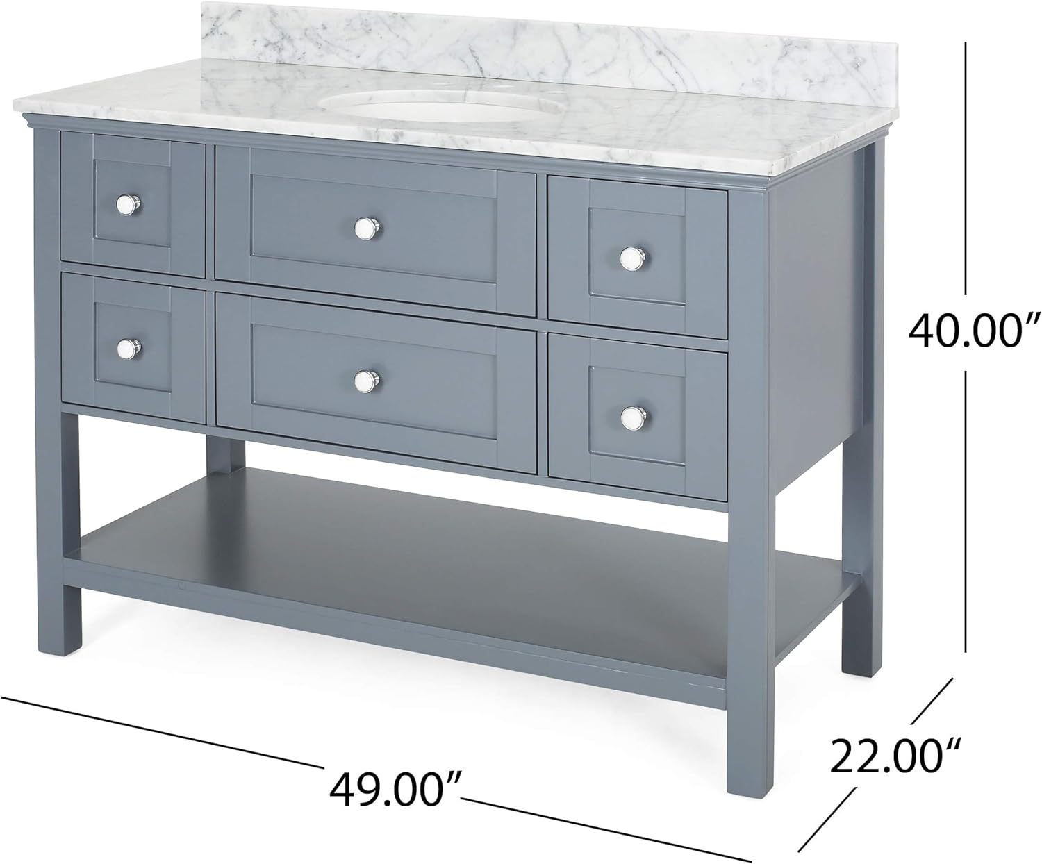 49'' Bathroom Vanity With Marble Top & Ceramic Sink, Open Shelf, 5 Drawers, Gray Same As N759S999002E Grey Plywood