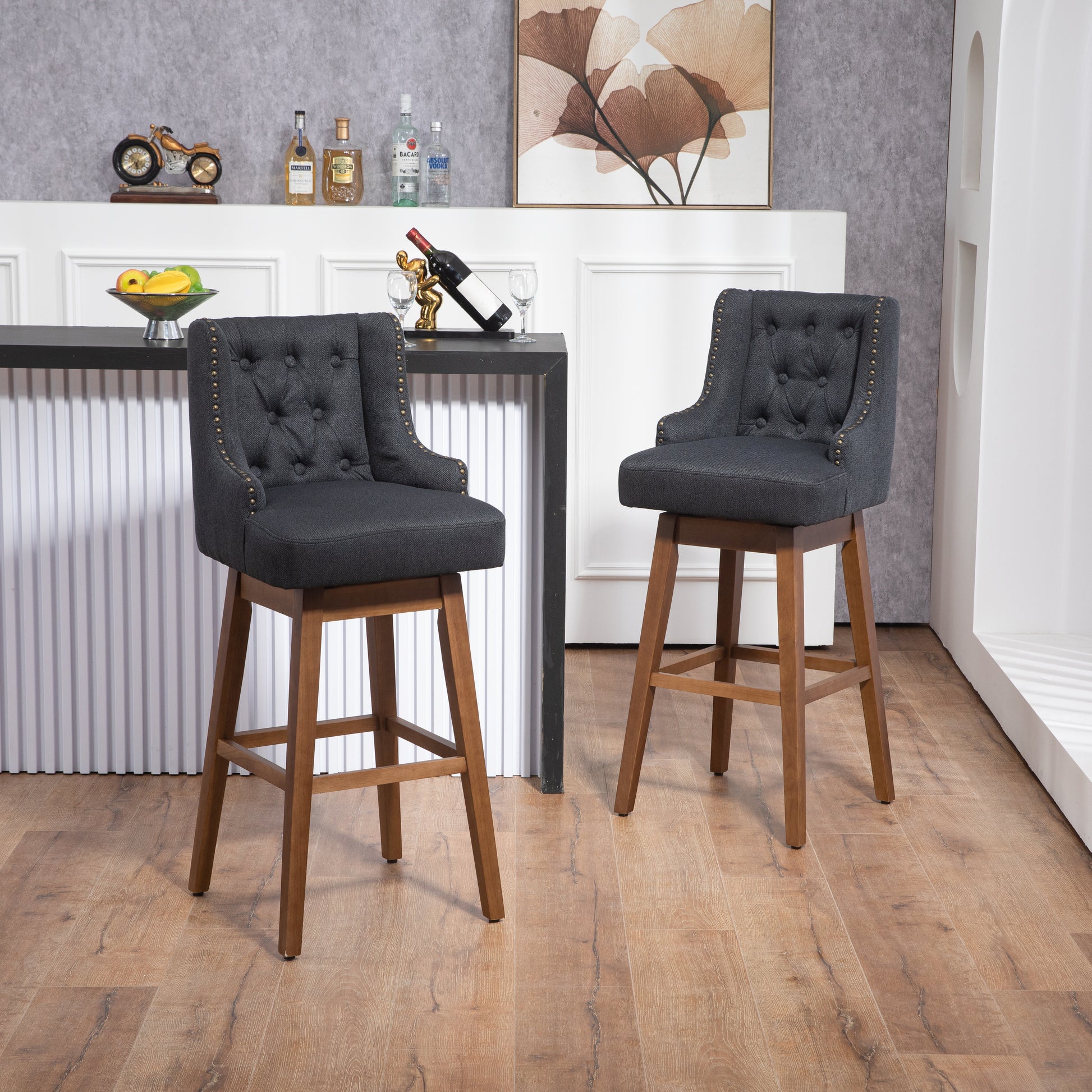 Coolmore Bar Stools Set Of 2 Counter Height Chairs With Footrest For Kitchen, Dining Room And 360 Degree Solid Wood Legs Swivel Bar Stools Set Of 2 Black Linen Black Foam Linen