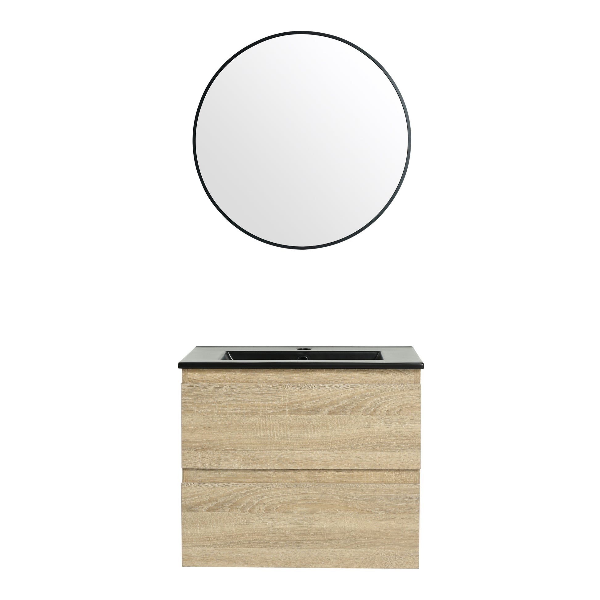 24" Wall Mounted Bathroom Vanity With Black Ceramic Sink, 2 Soft Close Drawers, Kd Package 2 Light Oak Bathroom Wall Mounted Modern Plywood