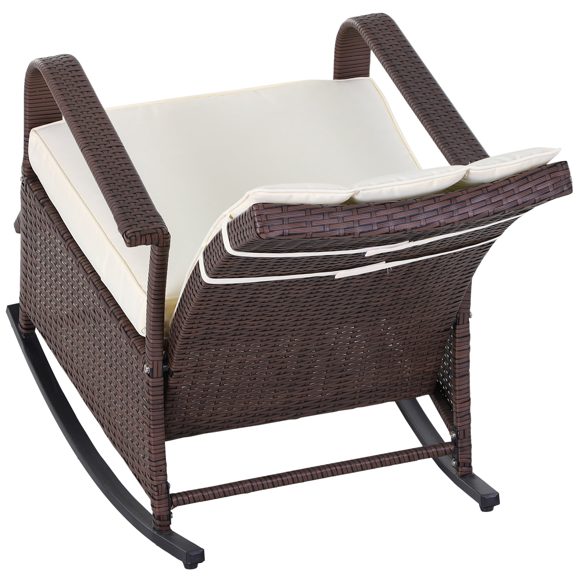 Outsunny Wicker Outdoor Rocking Chair, Patio Recliner With Adjustment Backrest, Pe Rattan Lounge Chair With Adjustable Footrest And Cushions For Garden, Backyard, Porch, Beige Brown Steel