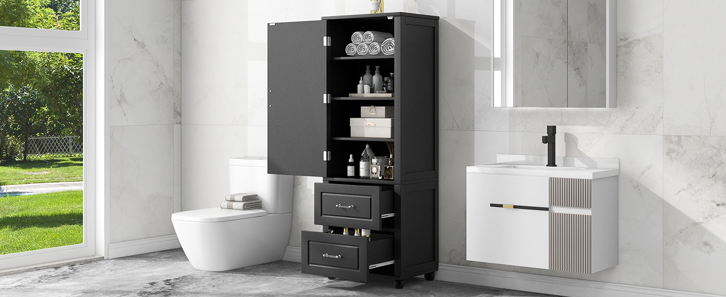 Tall Bathroom Storage Cabinet, Freestanding Storage Cabinet With Two Drawers And Adjustable Shelf, Mdf Board With Painted Finish, Black Black Mdf