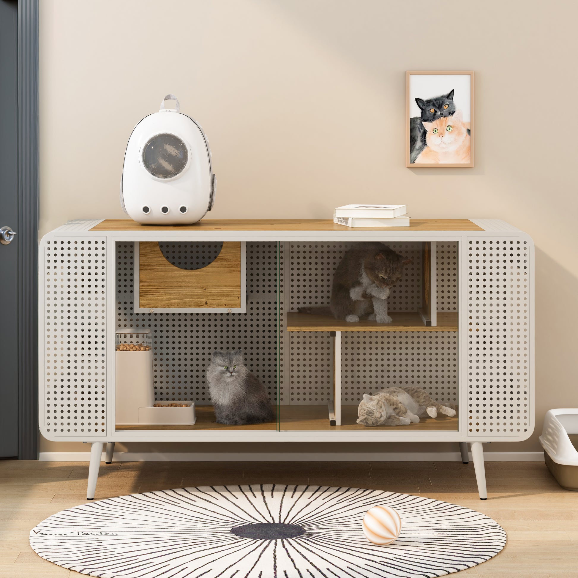 55.12 "Spacious Cat House With Tempered Glass, For Living Room, Hallway, Study And Other Spaces White White Glass Metal